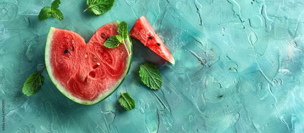 Poster Top view of a vibrant watermelon heart shape with mint leaves on a green surface creating a summer inspired copy space image with a watermelon pattern