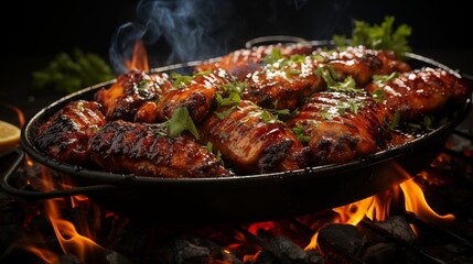 Carolina style barbecue, close-up showcasing delicious textures, front view from above, studio lighting, white background.