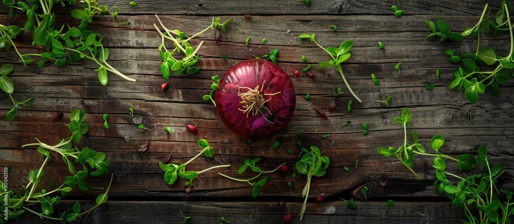 Poster top view of a red onion surrounded by fresh green sprouts on a wooden background creating a copy spa