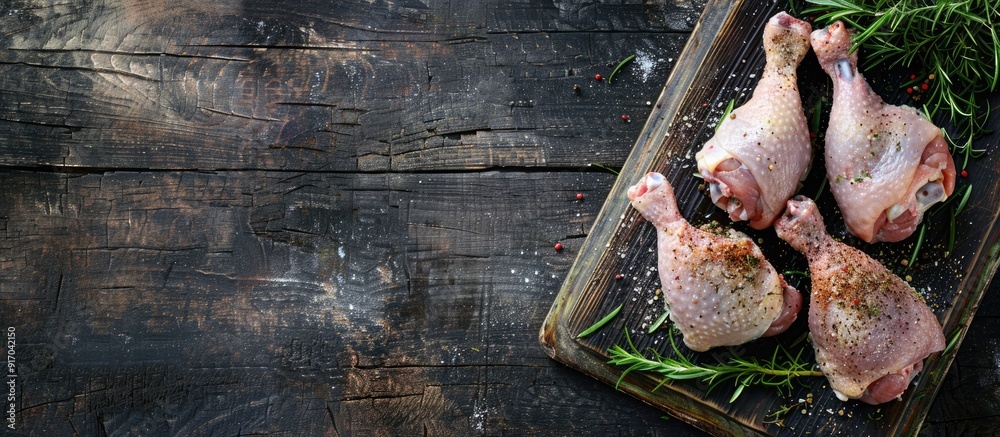 Poster Raw chicken thighs and legs displayed on a rustic table with a copyspace image perfect for a healthy meal or a food snack with a top view perspective