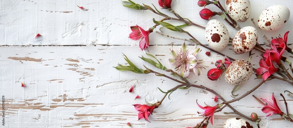Poster easter theme with quail eggs alstroemeria flower and a willow branch on a white wooden background pe