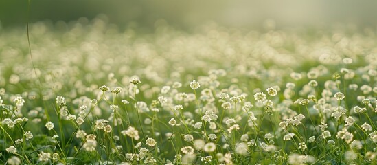 Fototapeta premium Scenic field of lovely white meadowfoam flowers in a copy space image