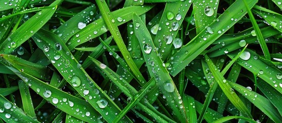 Close up shot of raindrops on grass with copy space image