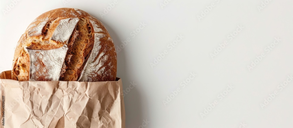 Aufkleber Top view of a bread filled paper bag on a white background with space for text in the image. copy space available