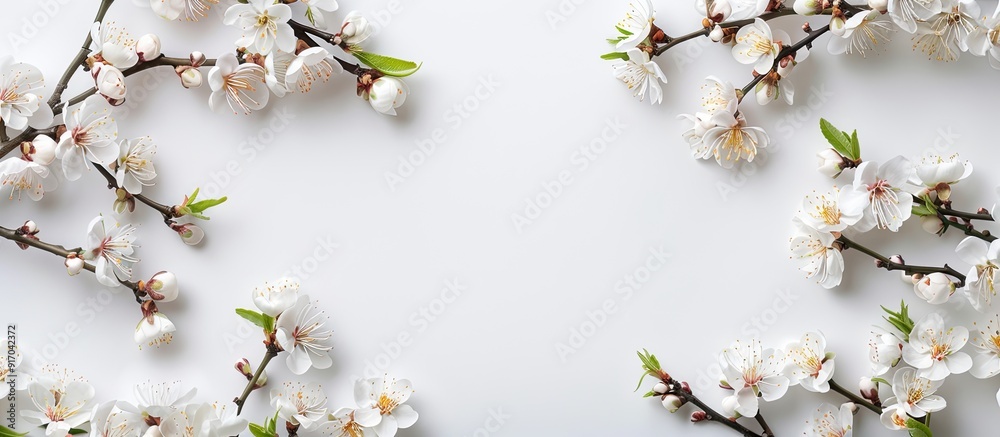 Leinwandbilder Top view of apricot blossoms creating a spring frame on a white background with copy space image embodying the essence of the spring season