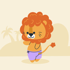 Cute kawaii lion on beach in cartoon, flat, doodle, simple style. Design element for posters, postcards, greeting cards, wallpapers, children's clothes, fabrics, t-shirts, logos