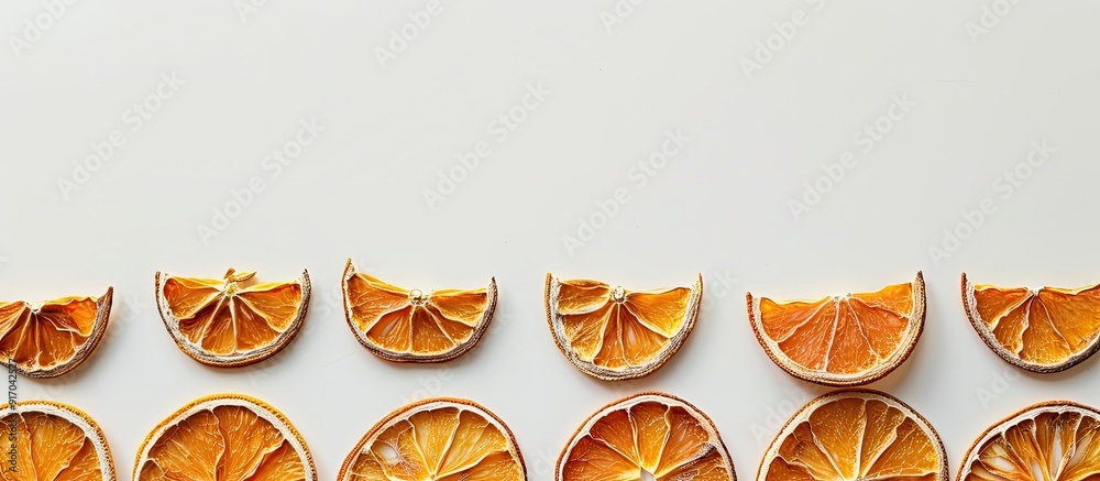 Poster Dried orange slices arranged in a row create a fruit pattern on a white backdrop with copy space image