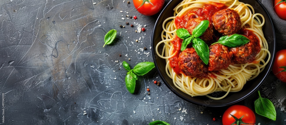 Poster Overhead view of beef meatballs with spaghetti and tomato sauce on a plate with copy space image available