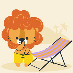 Cute kawaii lion on beach in cartoon, flat, doodle, simple style. Design element for posters, postcards, greeting cards, wallpapers, children's clothes, fabrics, t-shirts, logos