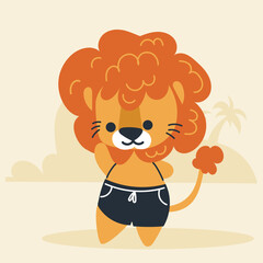 Cute kawaii lion on beach in cartoon, flat, doodle, simple style. Design element for posters, postcards, greeting cards, wallpapers, children's clothes, fabrics, t-shirts, logos