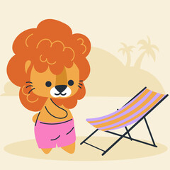 Cute kawaii lion on beach in cartoon, flat, doodle, simple style. Design element for posters, postcards, greeting cards, wallpapers, children's clothes, fabrics, t-shirts, logos