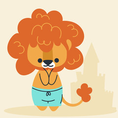 Cute kawaii lion on beach in cartoon, flat, doodle, simple style. Design element for posters, postcards, greeting cards, wallpapers, children's clothes, fabrics, t-shirts, logos