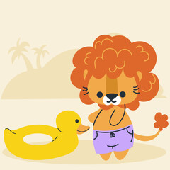 Cute kawaii lion on beach in cartoon, flat, doodle, simple style. Design element for posters, postcards, greeting cards, wallpapers, children's clothes, fabrics, t-shirts, logos