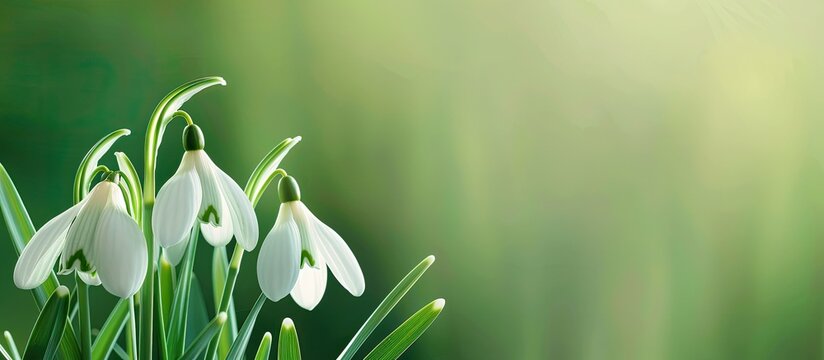 Spring snowdrop flowers on a vibrant green background with copy space image