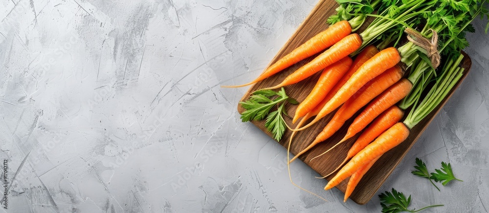 Aufkleber a wooden board displaying fresh carrots against a light backdrop with spacious copy space image