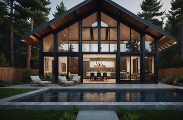 Fototapeta premium Experience the sleek and modern design of a suburban A-frame home, with floor-to-ceiling windows and a spacious open floor plan.