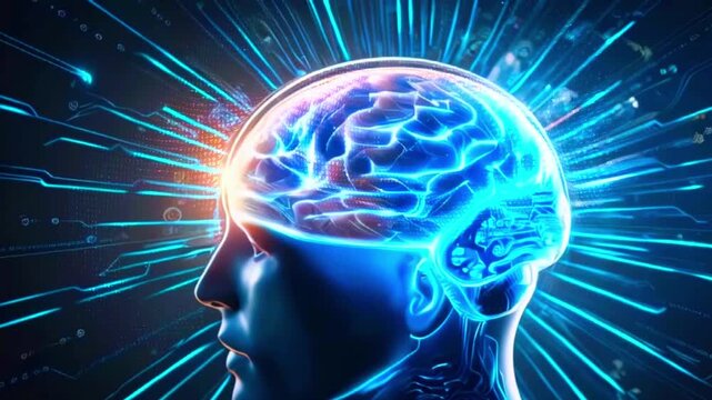 A digital representation of a human brain with blue glowing lines emerging from it, symbolizing the power of technology and the connection between the human mind and the digital world.
