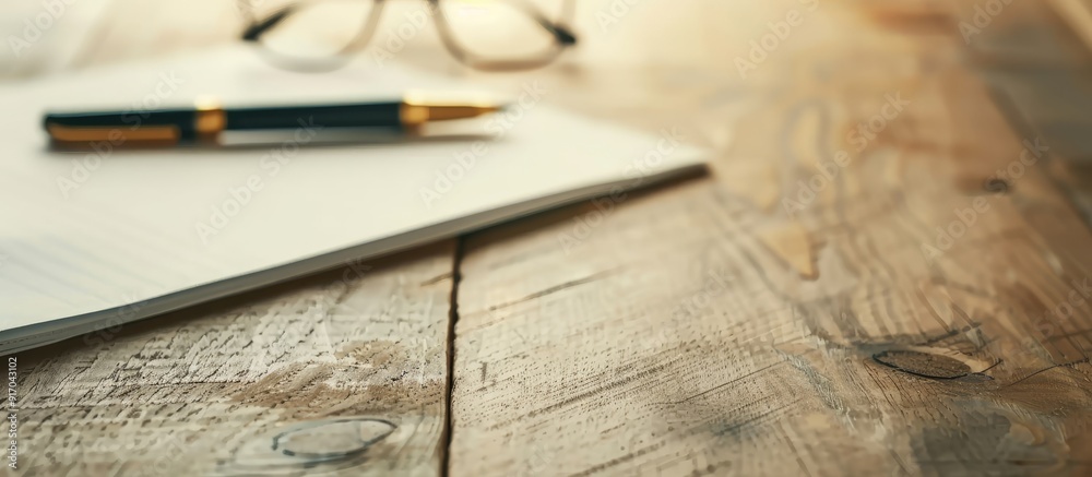Leinwandbilder glasses and pen rest on a wooden surface next to a blank note paper creating a visually appealing co