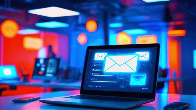 Closeup of a laptop on a desk with an email icon on the screen, a smartphone and a mouse next to it, in a modern office. - Powered by Adobe