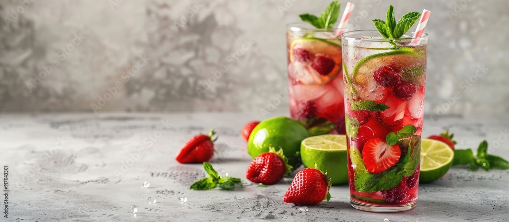 Poster Berry refreshing summer drinks with straw on light gray background in tall glasses featuring lime mojito and strawberry lemonade Copy space image included