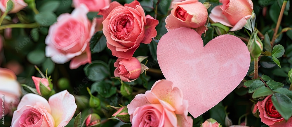Aufkleber a pink paper heart is nestled in a bunch of lovely roses creating a charming display that could be u