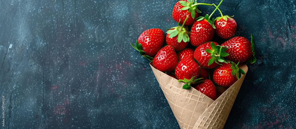 Poster Fresh red strawberries arranged on a paper cone against a dark background creating a stylish copy space image
