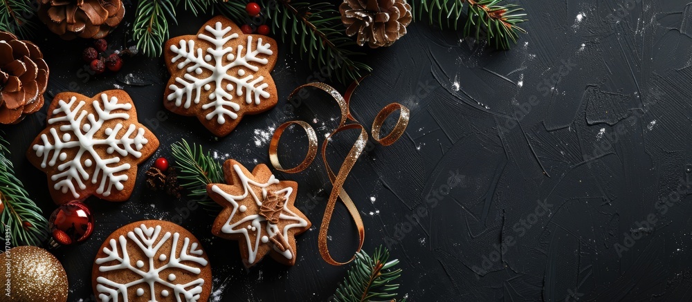 Leinwandbilder delicious christmas cookies decorated with icing fir branches and ribbon on a black table in a flat 
