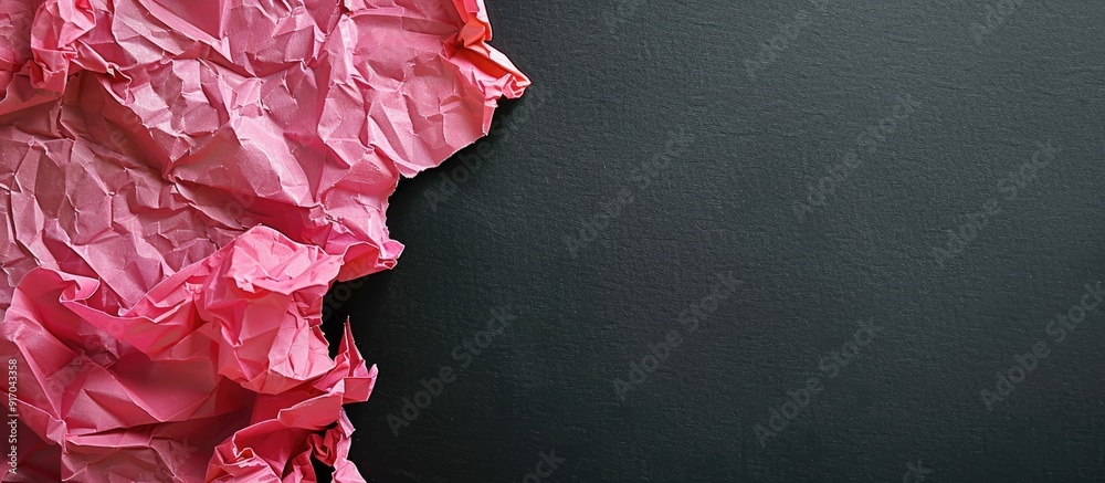 Aufkleber pink crumpled paper scrap on a black background with a clear copy space image