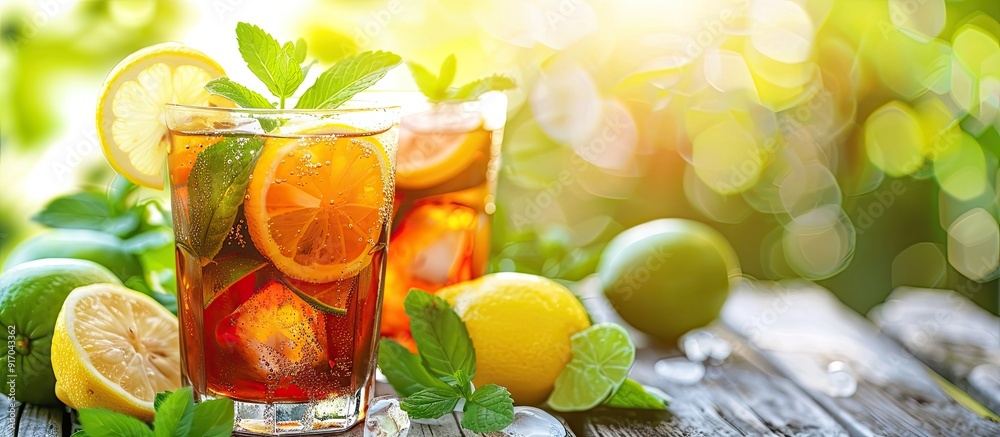 Poster refreshing iced tea garnished with lemon lime and mint perfect for a sunny day s copy space image