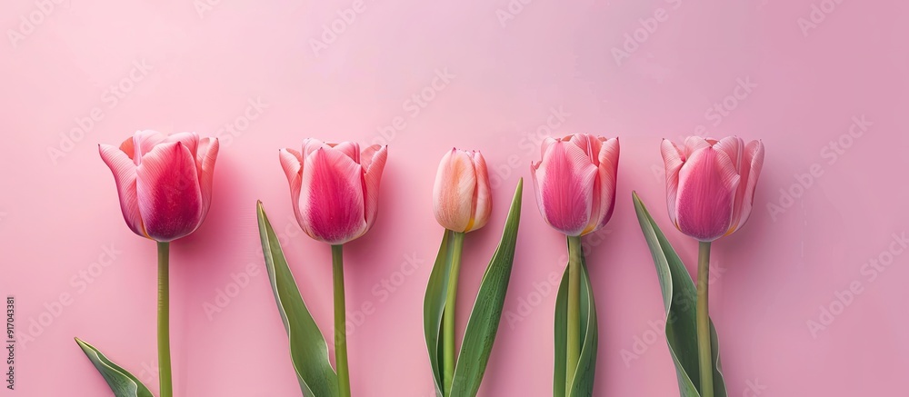Poster easter themed greeting card featuring tulip flowers on a pink backdrop top down view layout with roo
