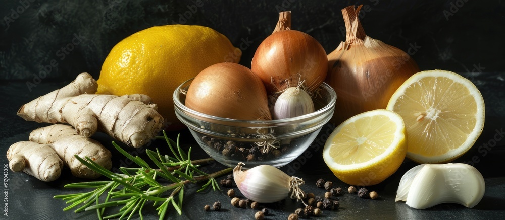 Aufkleber cooking ingredients like ginger chili garlic onion lemon allspice and rosemary displayed in a glass 