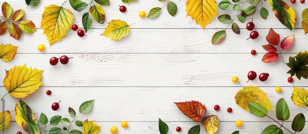 Poster top down view of a mockup featuring vibrant autumn leaves and berries in yellow green and red shades