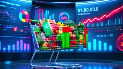 Shopping cart full of groceries in front of glowing stock market screens. - Powered by Adobe