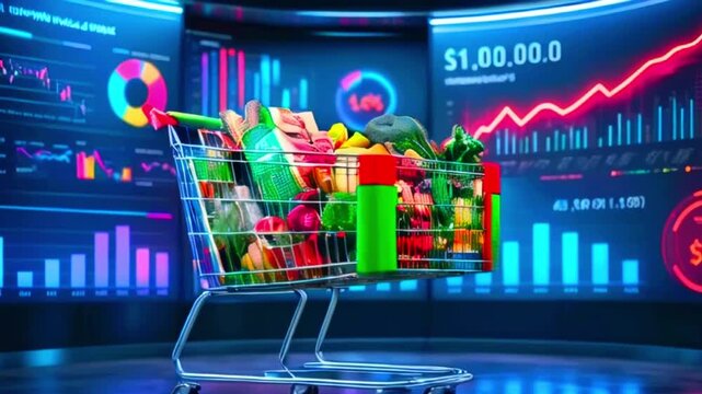 Shopping cart full of groceries in front of glowing stock market screens.