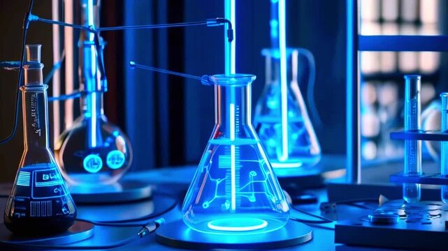 A close up of a laboratory with three beakers and tubes, lit by a blue neon light.