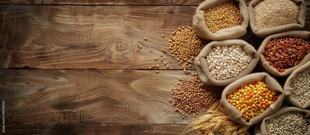 Poster Wooden background with various cereal grain bags arranged neatly in a flat lay composition allowing for text placement in the copy space image