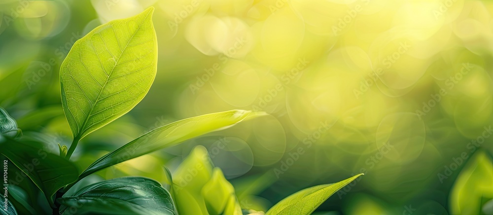 Poster green leaf in focus against a blurred garden backdrop with copy space image embodying a natural them