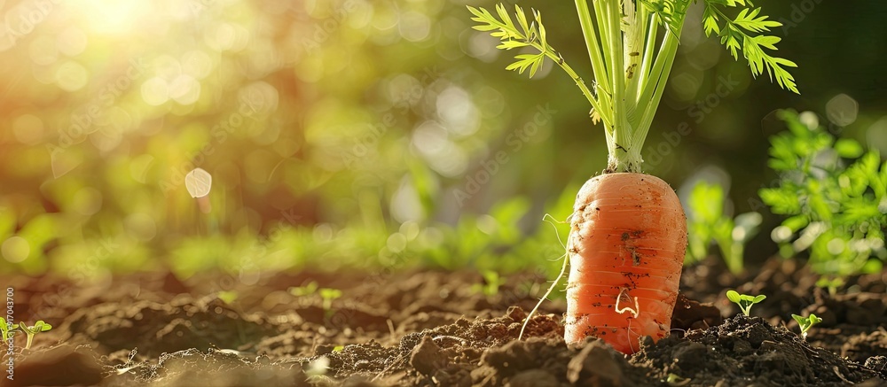 Poster selective focus on a freshly harvested carrot in the garden with copy space image