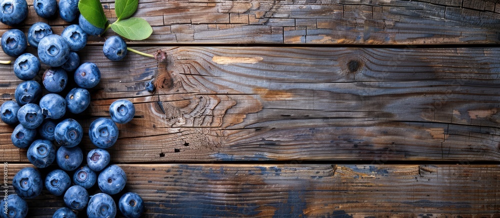 Poster Top view high resolution image with blueberries on a wooden surface conveying a concept related to harvesting with space for duplication. copy space available