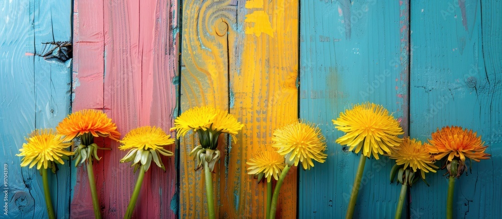 Poster yellow dandelions displayed on a colorful wooden backdrop with copy space image available