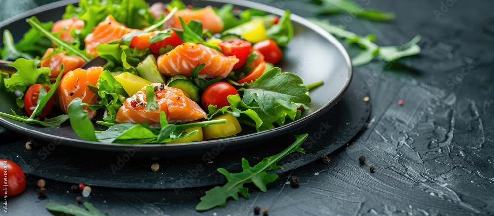 Poster Vegetables and salmon salad on a dark backdrop with focused detail for a copy space image