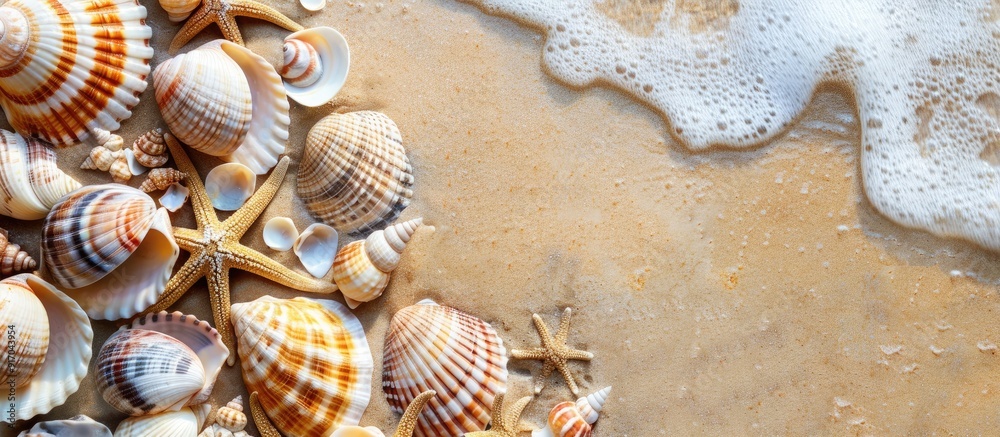 Aufkleber beach background with sea shells scattered on sand creating a picturesque scene with copy space imag