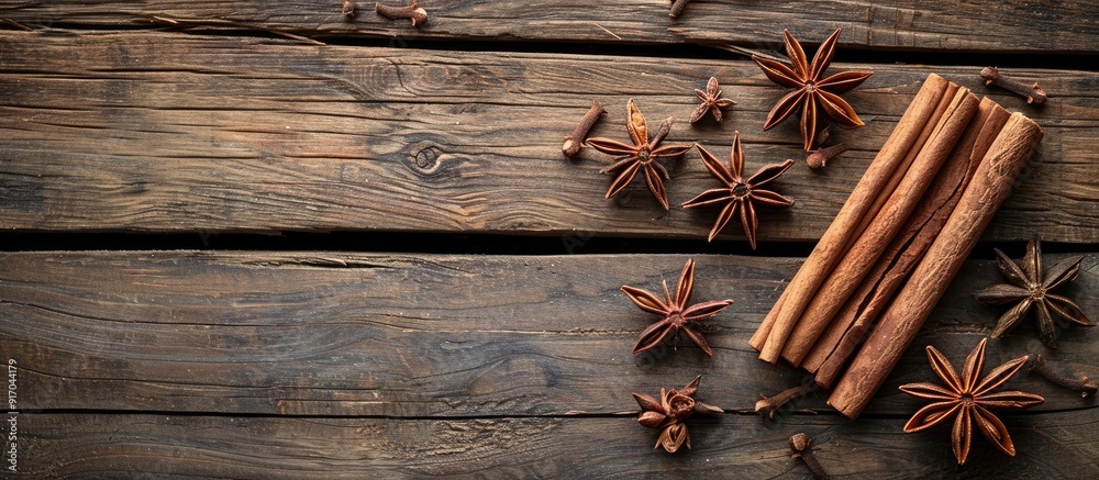 Aufkleber Top view of cinnamon sticks and star anise on a charming rustic wooden table with space for adding an image. copy space available