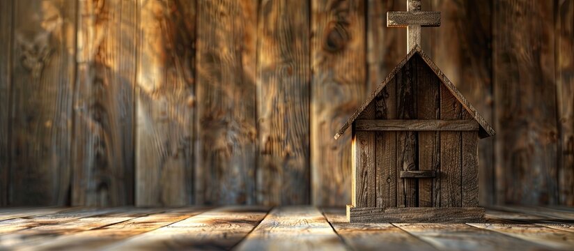 An image with a wooden church as the backdrop symbolizes Christian faith with elements like crosses and Jesus Christ fostering worship community and spiritual growth Ideal for church related content