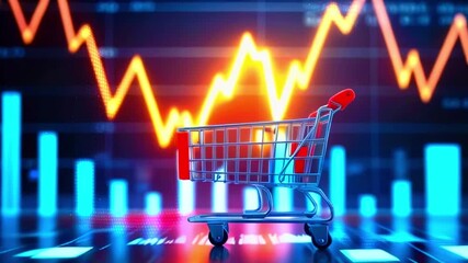 A shopping cart on a shiny surface with a stock market graph in the background with upward and downward trends. - Powered by Adobe