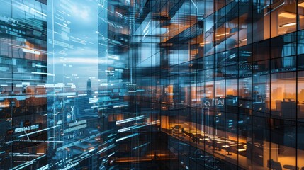 Cityscape with Glass Facade and Digital Overlay