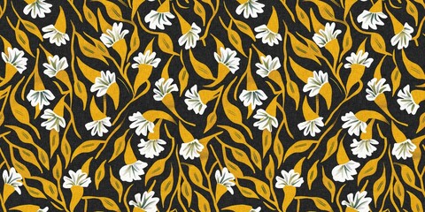 Modern printed fabric flower block print pattern with linen texture effect. Stylized boho dark floral for chic fashion background motif border design.