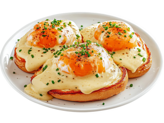 Delicious eggs benedict on toasted muffins topped with creamy hollandaise sauce and garnished with fresh chives on a white plate.