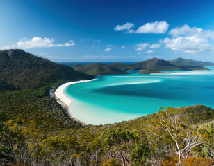 Aerial view of turquoise lagoon of sea with white sandy coast surrounded with green lush trees in island