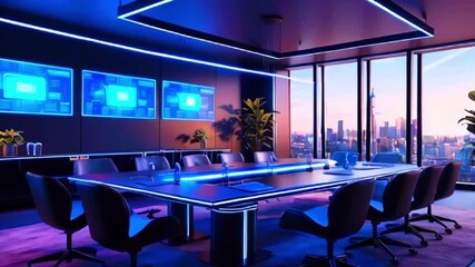 Modern office conference room with a cityscape view through large windows, illuminated by blue LED lights. - Powered by Adobe